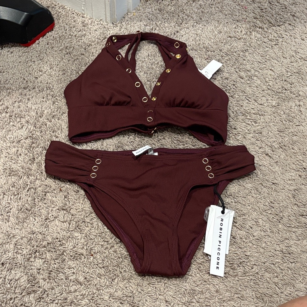 Robin Piccone Deep Burgundy Bikini with Gold Details